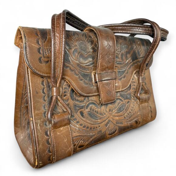 Vintage Tooled Leather Satchel Purse Flores‎ Bags Brown Boho Western Mexico - Picture 8 of 13